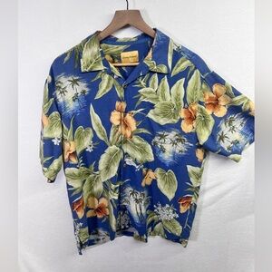 Tommy Bahama 100% Silk Floral Hawaiian Shirt Mens L tropical Summer Vibe 1787